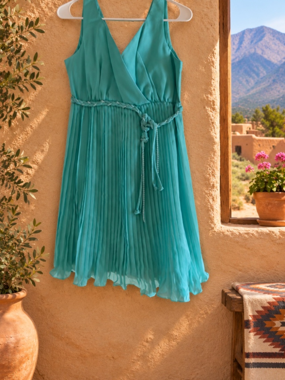 Vintage 60s 70s Aqua Chiffon Pleated Dress Beaded Belt One Owner